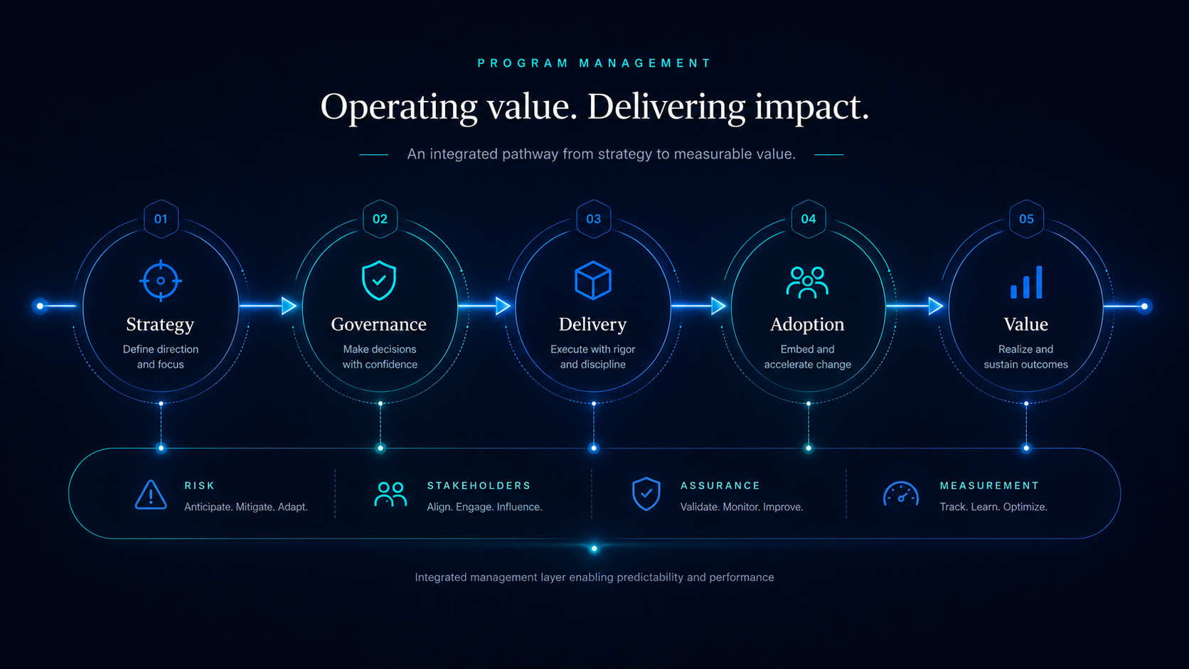Premium program management pathway connecting strategy, governance, delivery, adoption and realized value, supported by risk, stakeholder, assurance and measurement disciplines.